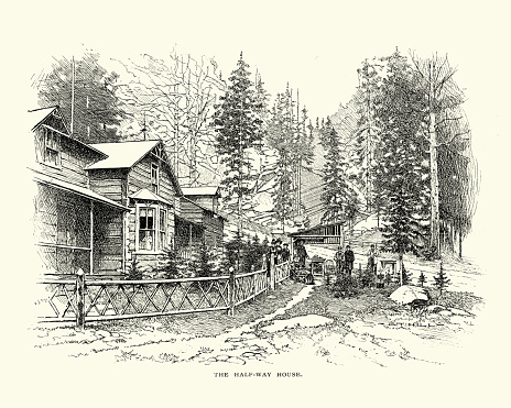 Vintage engraving of the Half way house at Pikes Peak, Colorado the highest summit of the southern Front Range of the Rocky Mountains, in North America