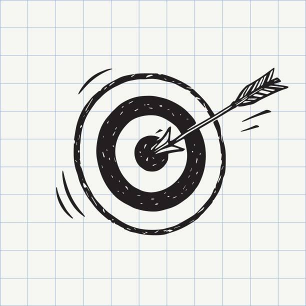 Arrow hit in archery target (goal symbol) icon sketch Accuracy concept. Hand drawn doodle sign Dartboard stock illustrations