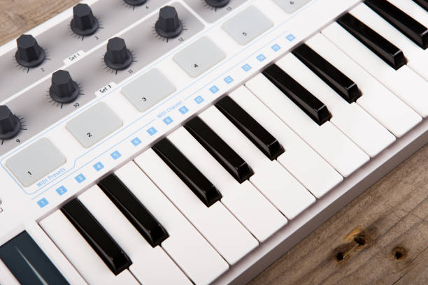 istock Close up of MIDI controller volume fader, knob and keys. 647698938