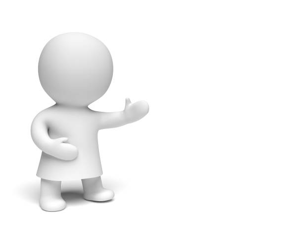 istock white cute 3d character wearing a gown presenting an empty space in a white scene 647714724