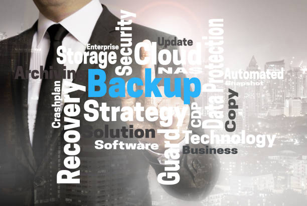 istock Backup wordcloud touchscreen is shown by businessman 647721706
