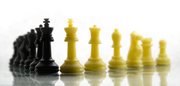 istock Black and white chess pieces are in two series in descending order on a white background 647724176