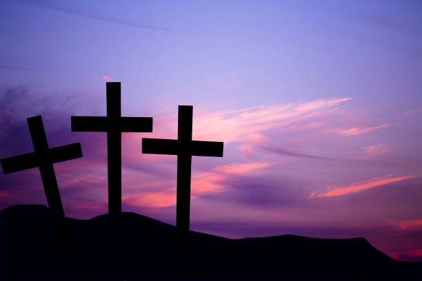 istock Easter, Crucifixion scene with three cross on a hill. 647728290