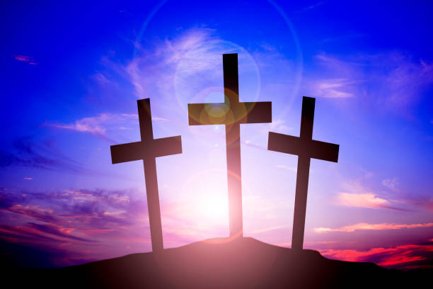 istock Easter, Crucifixion scene with three cross on a hill. 647728972