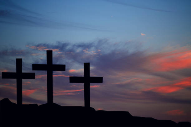 istock Easter, Crucifixion scene with three cross on a hill. 647731166