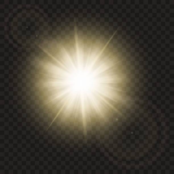 ilustraciones, imágenes clip art, dibujos animados e iconos de stock de brillantes rayos del sol con punto caliente y las llamaradas con sun flare efecto aislado sobre fondo vector. - aureola