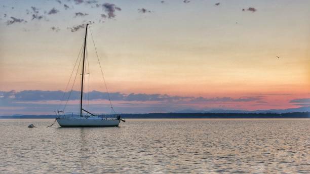istock Sailboat Parked Lake Champlain, NY VT Border, Peaceful Pink Sunrise 647736838