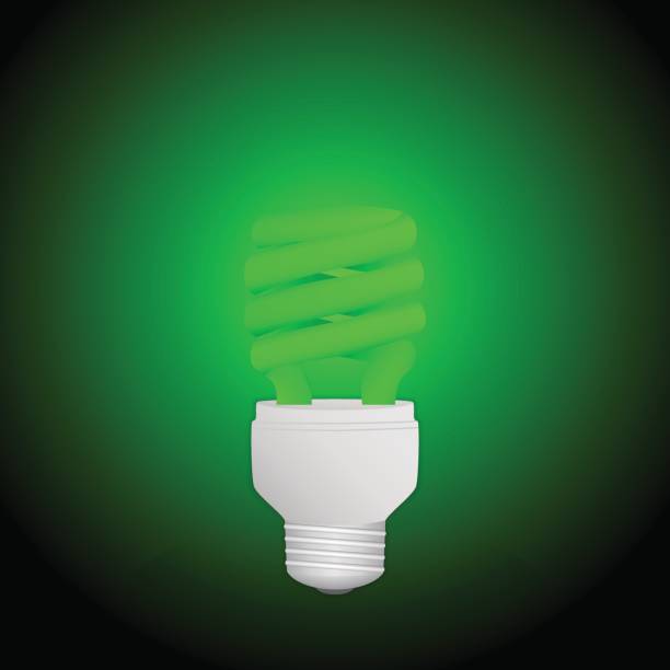 istock Fluorescent green economical light bulb glowing on a dark background. Save energy lamp. 647739064