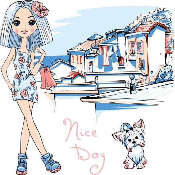 Cute fashion girl in Manarola, Italy Cute beautiful fashion girl in dress with flowers and cute dog Yorkshire terrier, Manarola in Five lands, Cinque Terre National Park, Liguria, Italy. spezia stock illustrations