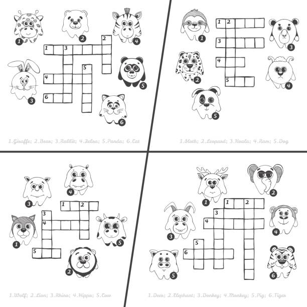 bildbanksillustrationer, clip art samt tecknat material och ikoner med uppsättning av fyra olika korsord... utbildning spel för barn med olika djur. vektorillustration i skiss stil - sudoku
