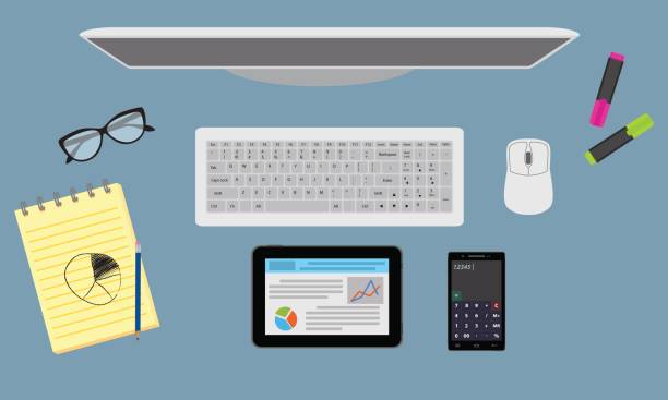 istock Office desktop organzation with stationary, monitor, tablet. Top view. 647744824