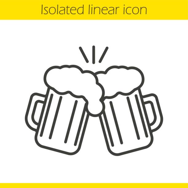 Toasting beer glasses icon Toasting beer glasses linear icon. Cheers. Two foamy beer mugs. Thin line. Vector cheers stock illustrations