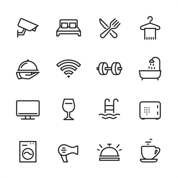 ilustraciones, imágenes clip art, dibujos animados e iconos de stock de hotel - conjunto de iconos de contorno - icon set computer icon symbol hotel