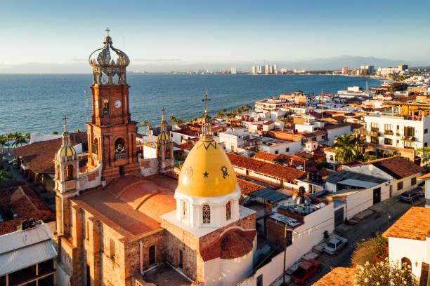 Puerto Vallarta Mexico Panoramic Aerial View of Puerto Vallarta Skyline in Mexico. bell tower tower photos stock pictures, royalty-free photos & images