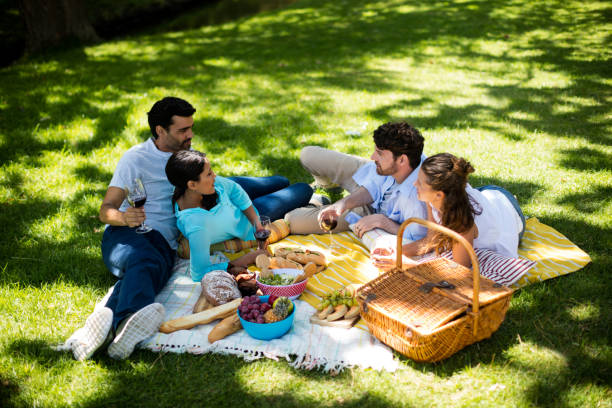 istock Happy couples interacting while having a glasses of wine 647753524