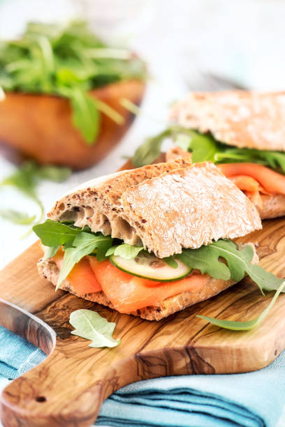 Ciabatta sandwich with smoked salmon stock photo