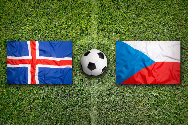 istock Iceland vs. Czech Republic flags on soccer field 647769556