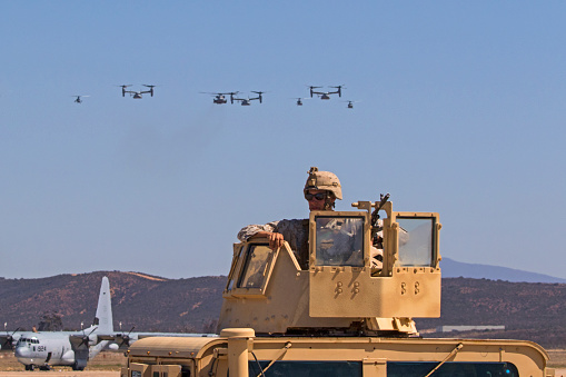 September 24,2016- San Diego, California,USA. Marines soldier and squadron of helicopters aircraft flying at the 2016 Miramar Air Show in San Diego, California. The 2016 Miramar Air Show features 3 days of military aircraft performing free to the general public and the showcase of the US Navy Blue Angels.