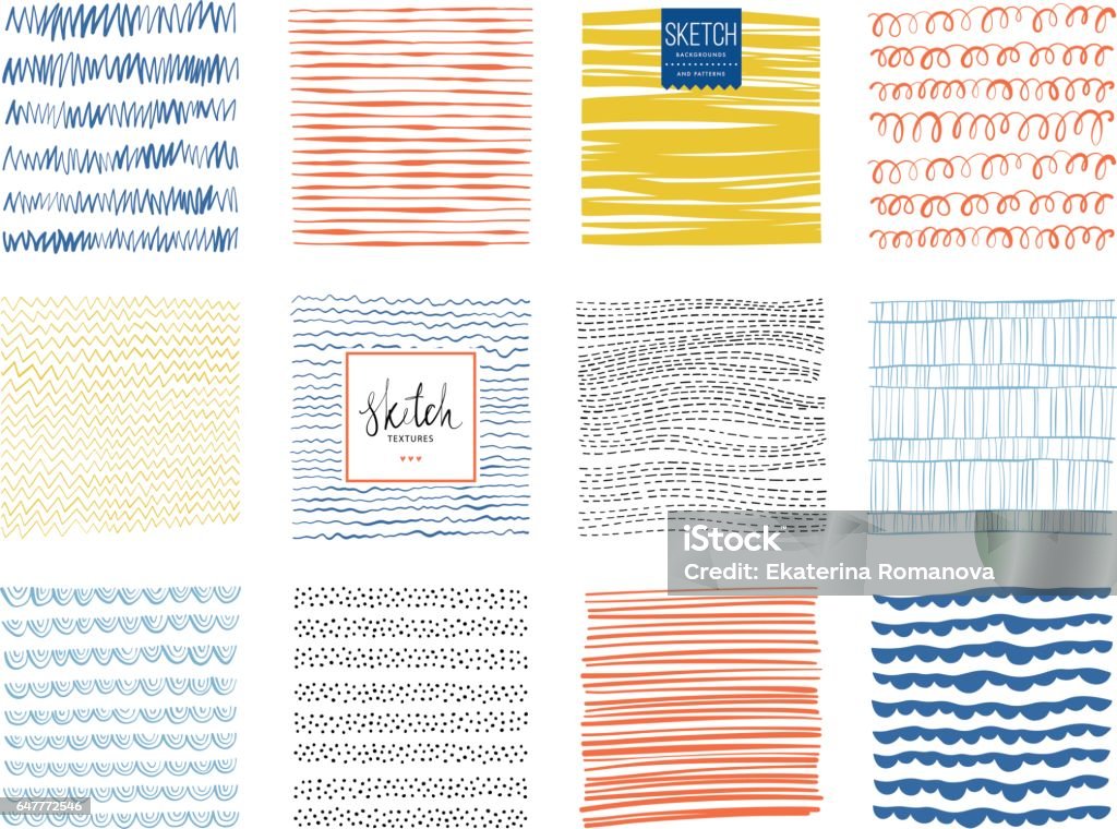 Sketch Backgrounds_05 Set of scribble textures and abstract square backgrounds. Vector illustration. Drawing - Activity stock vector