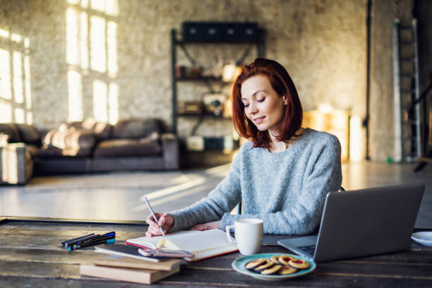 istock Young woman working in a loft apartment with a laptop computer 647780580