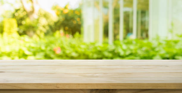 istock Wood table top on green from garden in morning background. 647783348