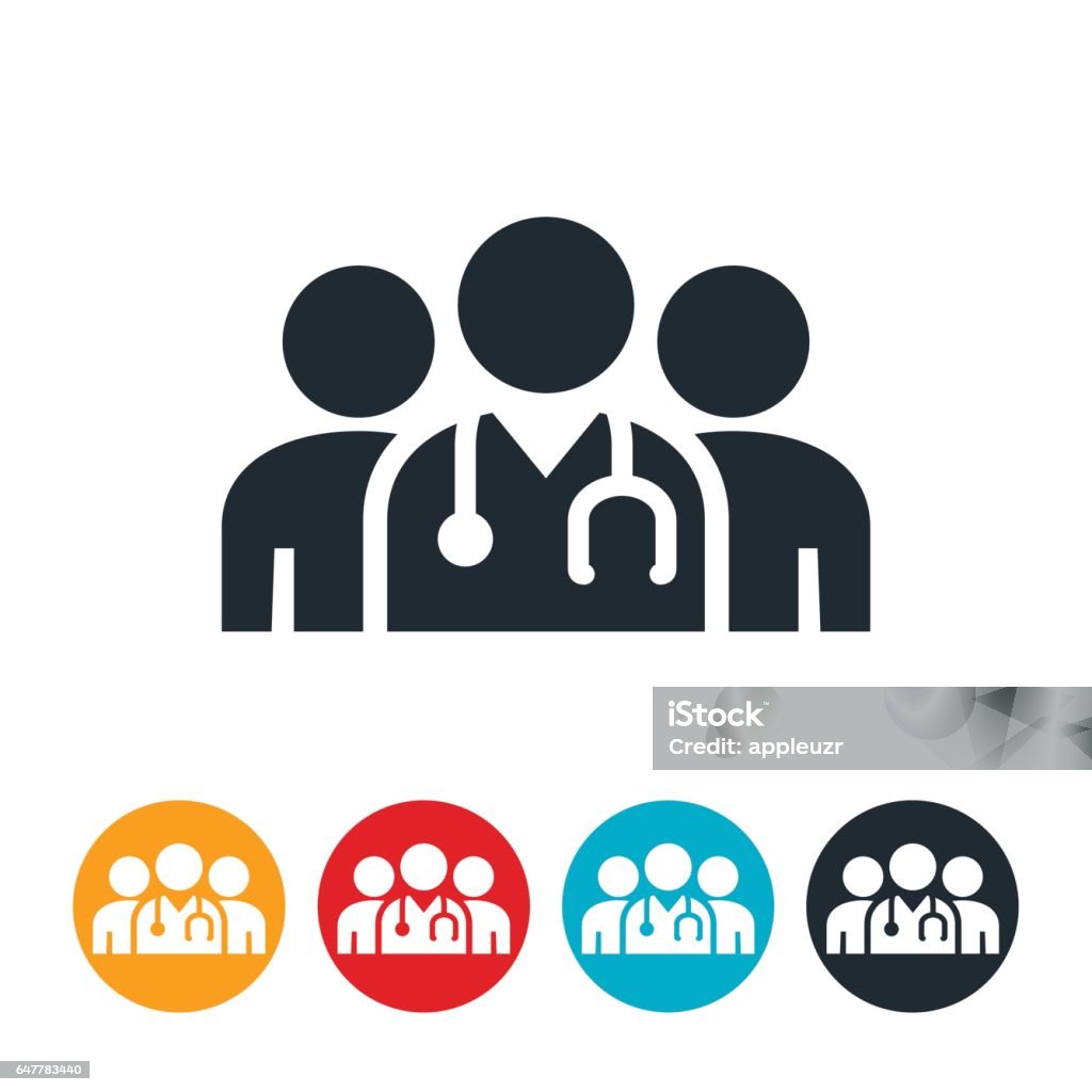 Medical Team Icon An icon of three members of a medical team. The three stand together with a doctor at front with a stehoscope around his neck. Icon Symbol stock vector