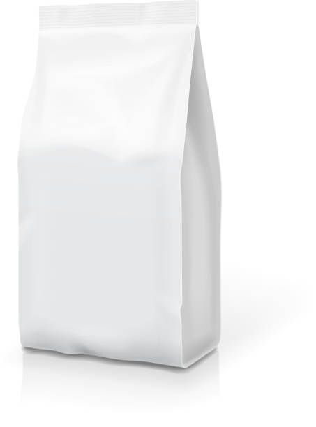 istock White foil or paper food stand up snack bag clipping path. Blank sachet packaging illustration. Vector isolated template 647783544