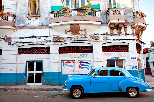 Havana, Cuba - December 11, 2016: Vintage classic american car parked in a street of Old Havana