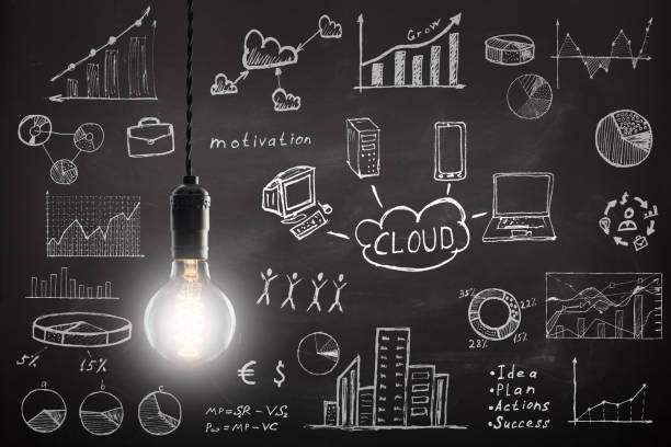 istock concept - sketch with schemes and graphs on chalkboard 647791498