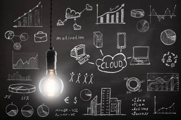 Business concept - sketch with schemes and graphs on chalkboard