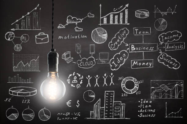 istock concept - sketch with schemes and graphs on chalkboard 647794064