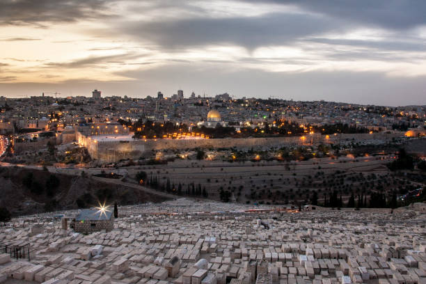 A view at the Old City of Jerusalem from the Mount of Olives with the Jewish cemetery and the Temple Mount.