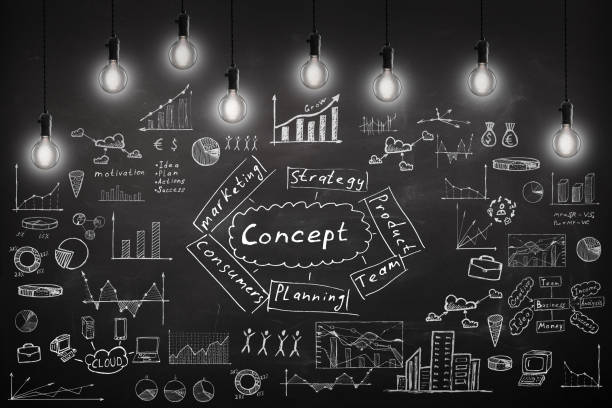 istock concept - sketch with schemes and graphs on chalkboard 647798348