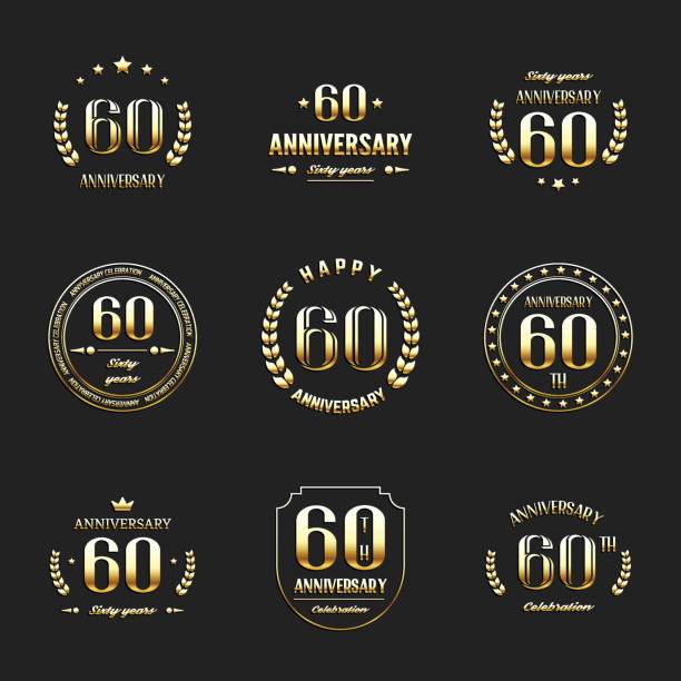 ilustrações, clipart, desenhos animados e ícones de logotipo de comemoração de aniversário de sessenta anos. conjunto de logotipo 60º aniversário de ouro. - 60th anniversary