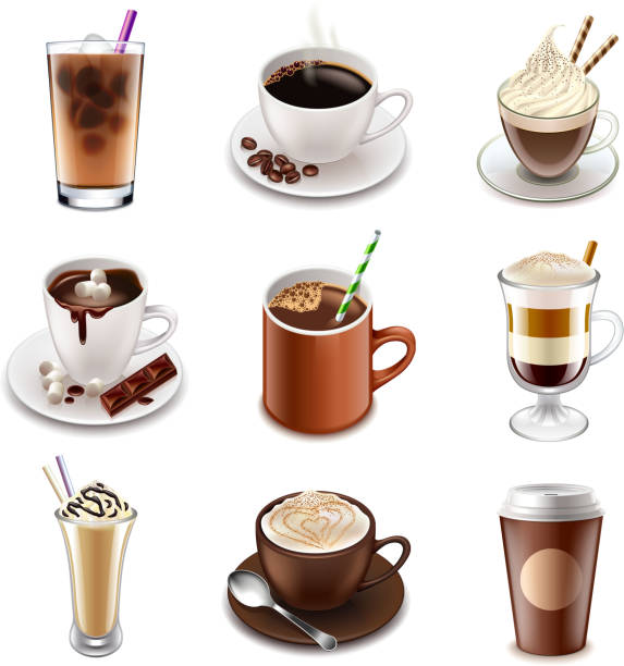 illustrazioni stock, clip art, cartoni animati e icone di tendenza di set vettoriale icone bevande caffè - internet cafe coffee coffee bean backgrounds