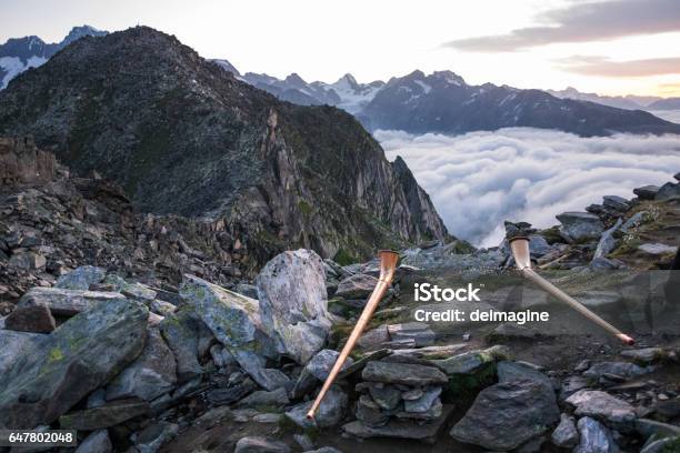 Traditional Swiss Horn On Top Of Mount Eggishorn During Sunrise Stock Photo - Download Image Now