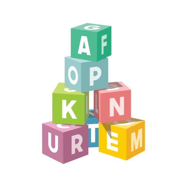 Pastel colored vector block building tower Pastel colored block building tower. Bricks vector illustration on white background. Alphabet cubes with letters. toy block stock illustrations