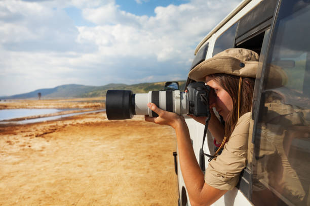 girl taking photo of african savannah from jeep - off road vehicle fotos imagens e fotografias de stock