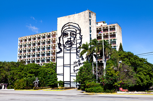 Havana, Cuba - December 11, 2016: Che Guevara steel outline on Ministry of Interior at Plaza de la Revolution in Havana, Cuba. \
