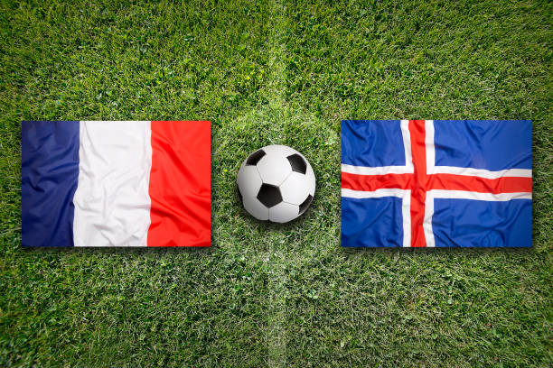istock France vs. Iceland flags on soccer field 647805386