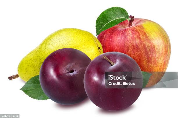 Apple Raspberry Plum Apple Pear Plum Isolated On White Stock Photo - Download Image Now ...