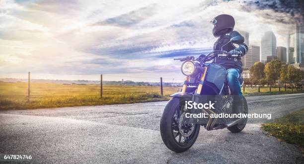 Motorbike On The Road In Nature Landscape Stock Photo - Download Image Now - Motorcycle, Biker, City