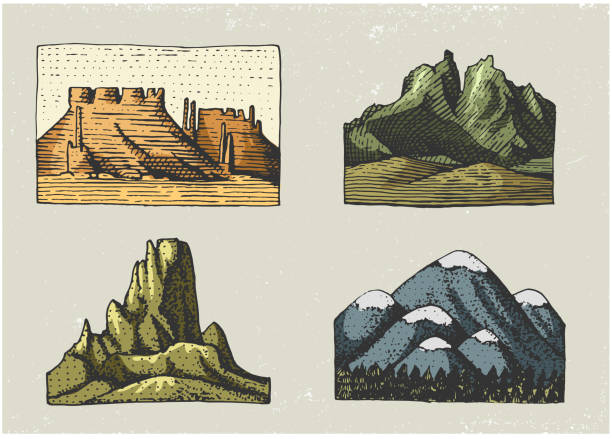 set of engraved vintage, hand drawn, old, labels or badges for camping, hiking, hunting with mountain peaks, from south to north.