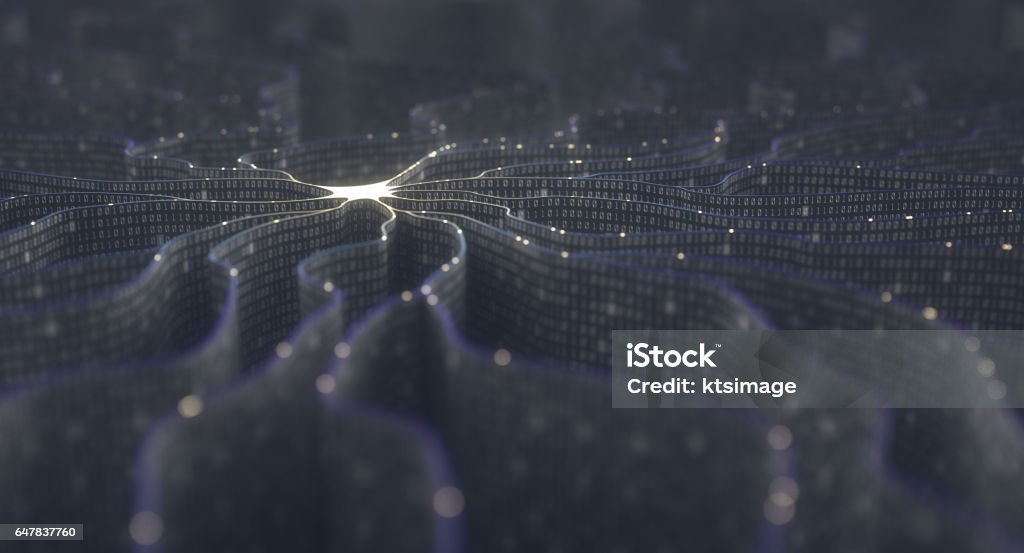 Artificial Intelligence Neural Network Artificial neuron in concept of artificial intelligence. Wall-shaped binary codes make transmission lines of pulses and/or information in an analogy to a microchip. Neural network and data transmission. Artificial Intelligence Stock Photo