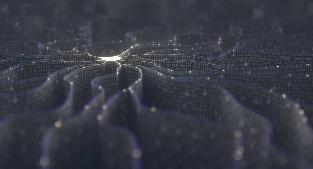 Artificial Intelligence Neural Network Artificial neuron in concept of artificial intelligence. Wall-shaped binary codes make transmission lines of pulses and/or information in an analogy to a microchip. Neural network and data transmission. artificial neural network stock pictures, royalty-free photos & images