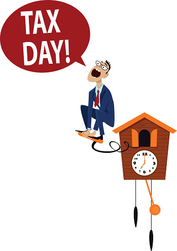 Accountant jumping from a cuckoo clock, reminding about tax day, EPS 8 vector illustration