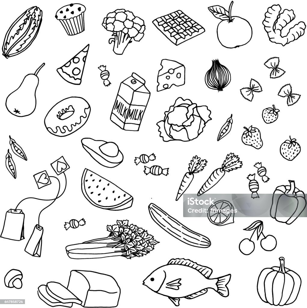 Hand drawn food Variety of hand drawn doodle food items Food stock vector