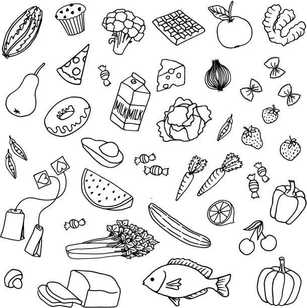 Hand drawn food Variety of hand drawn doodle food items groceries illustrations stock illustrations
