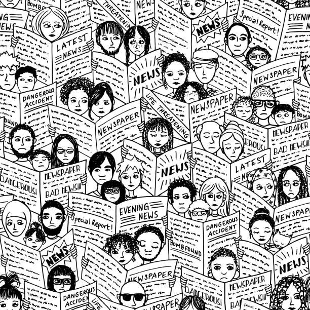Bad news! Seamless pattern with diverse people, adults and children, reading newspapers, with shocked, fearful and sad facial expressions background of the sad face black and white stock illustrations