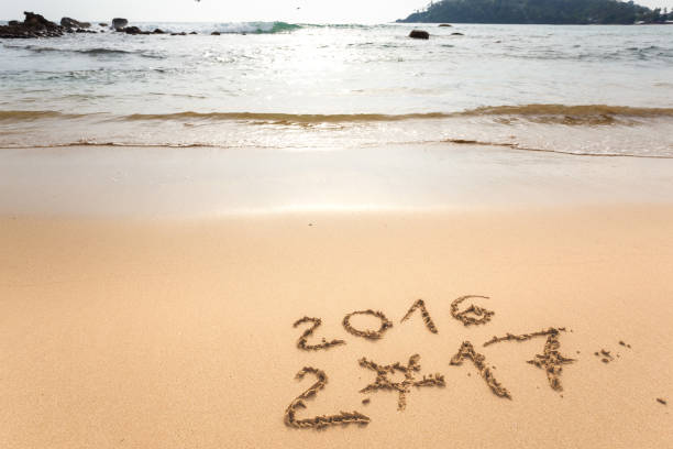 istock Happy New Year 2017 replace 2016, lettering on the beach 647858870